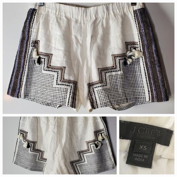 J Crew Collection White linen shorts with black embroidery and tassels Size XS - Picture 2 of 10